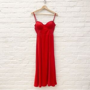 Alamour The Label || Tonia Lace Corset Bustier Dress Midi Silky Slit Red Small